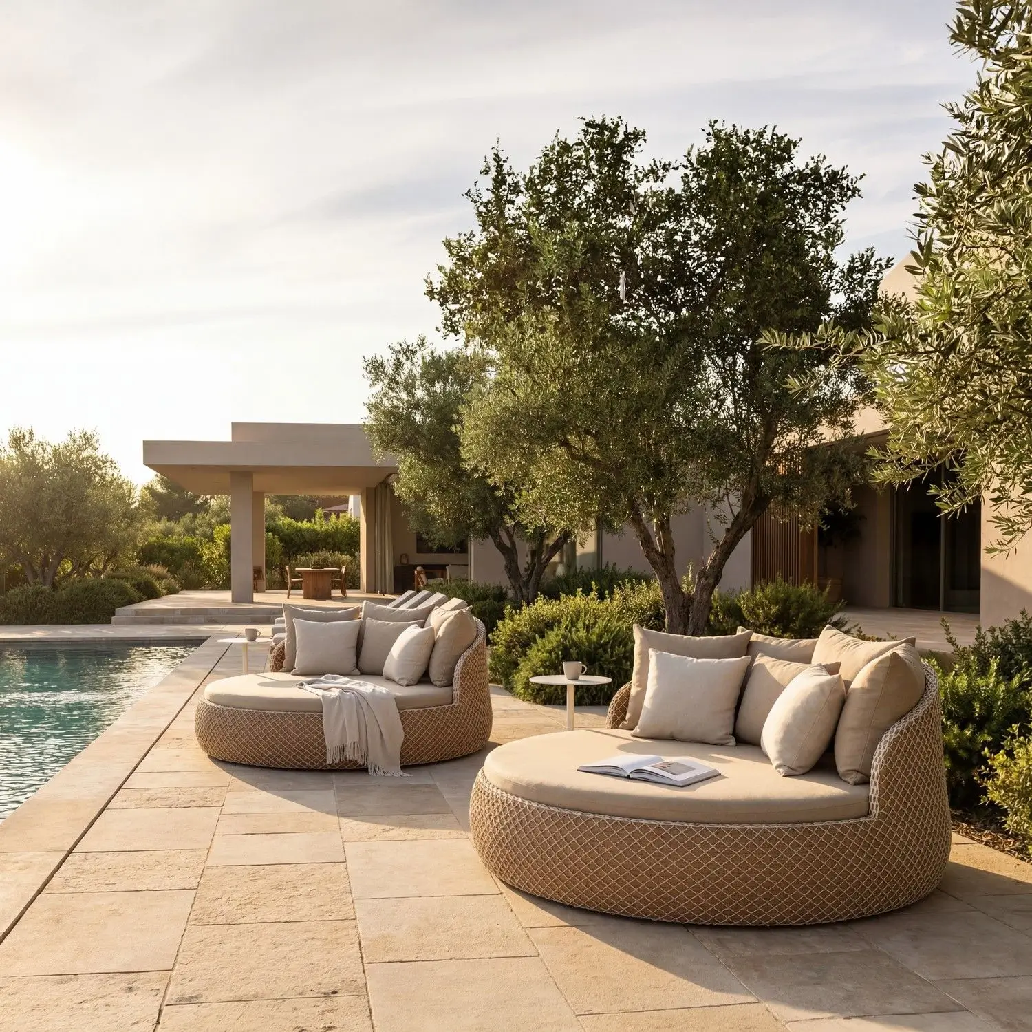 Outdoor furniture range showing garden sofa, dining and poolside sets for Dubai villas