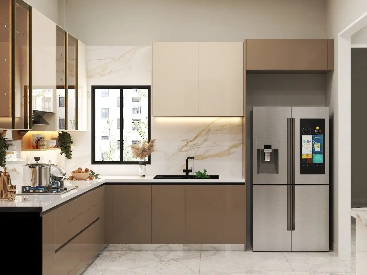 Kitchen cabinet close-up detail showing precision joinery and gold hardware finish