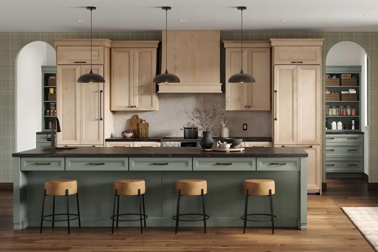 Classic custom kitchen design with wood grain finish for Dubai family homes