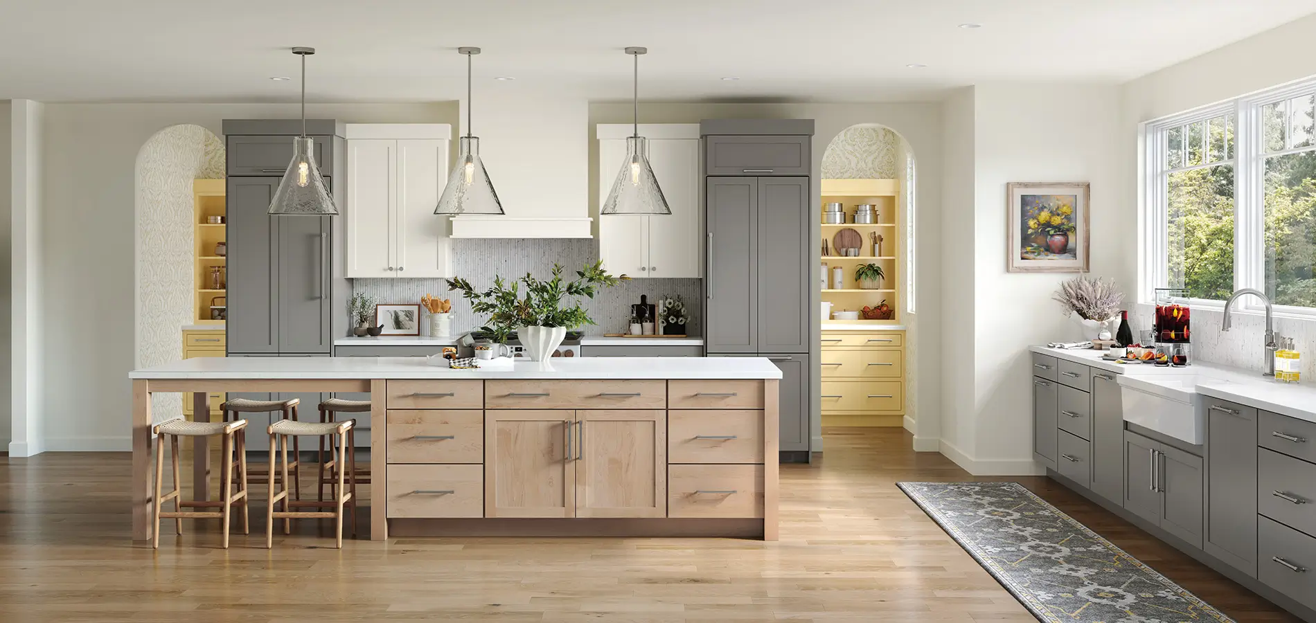 Kitchen storage cabinet interior showing organized pantry and drawer systems
