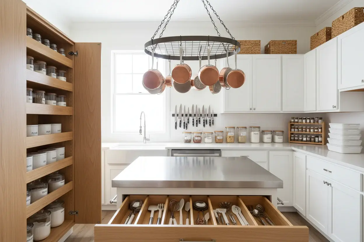 Custom kitchen storage interior showing floor-to-ceiling cabinets and pull-out systems