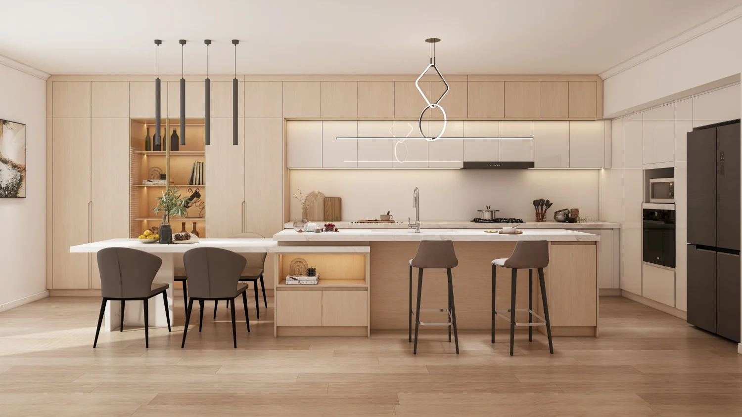 Contemporary custom kitchen style with handleless cabinets for Dubai homes