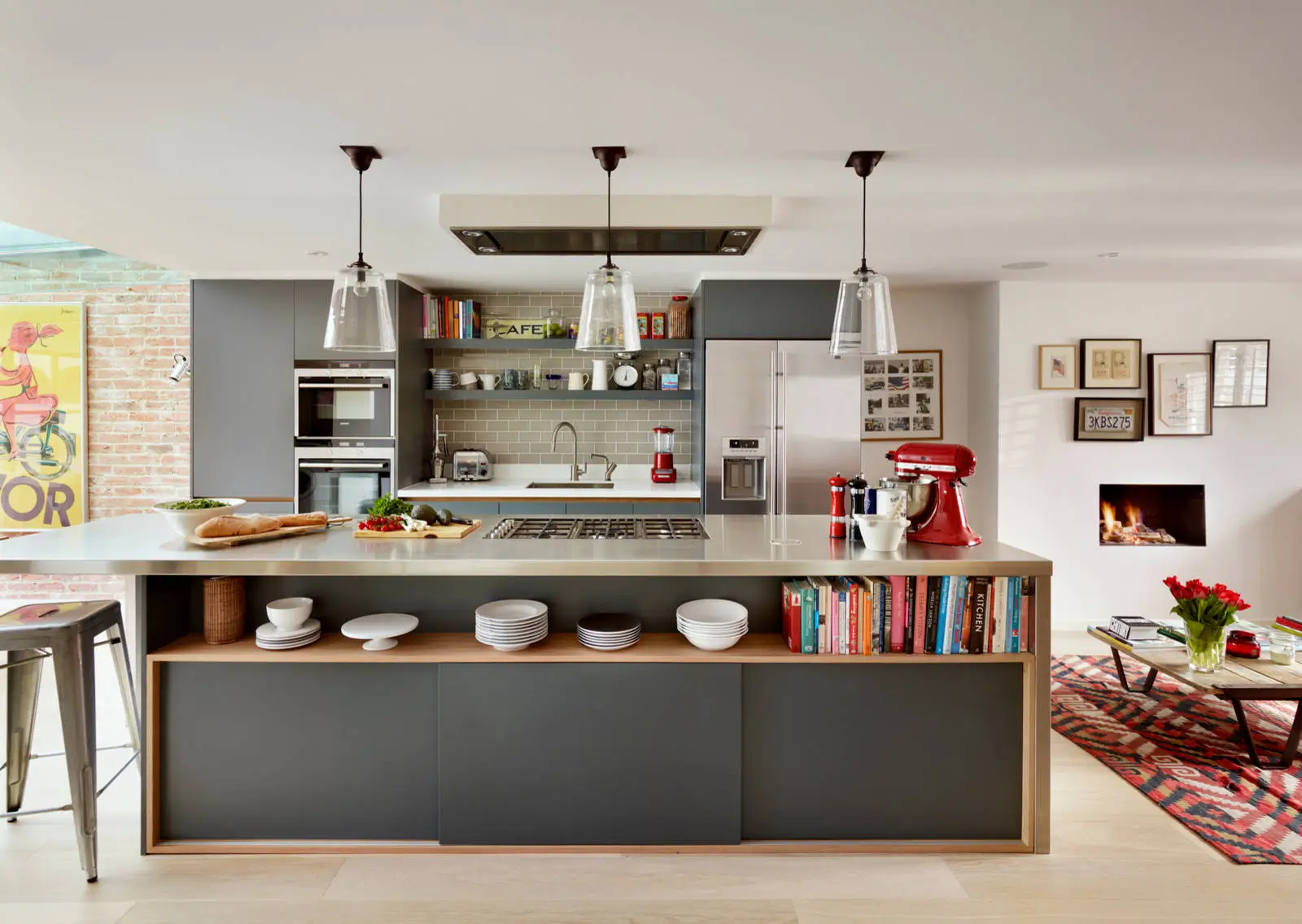 Island kitchen storage interior showing deep drawers and integrated appliance housing