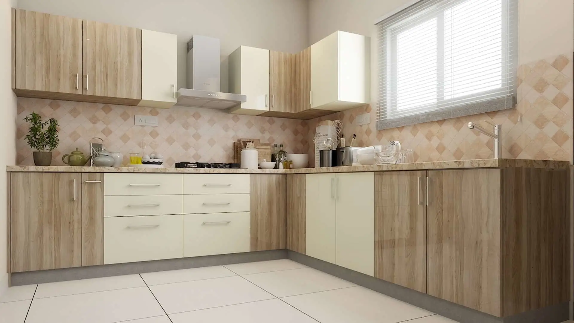 L-shaped island kitchen design for Dubai villas with extended worktop and seating
