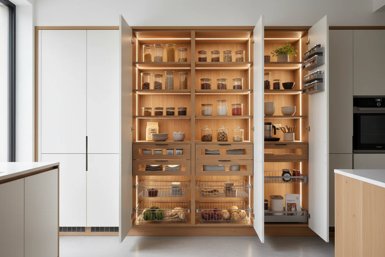 Luxury kitchen storage interior showing integrated larder units and appliance housing