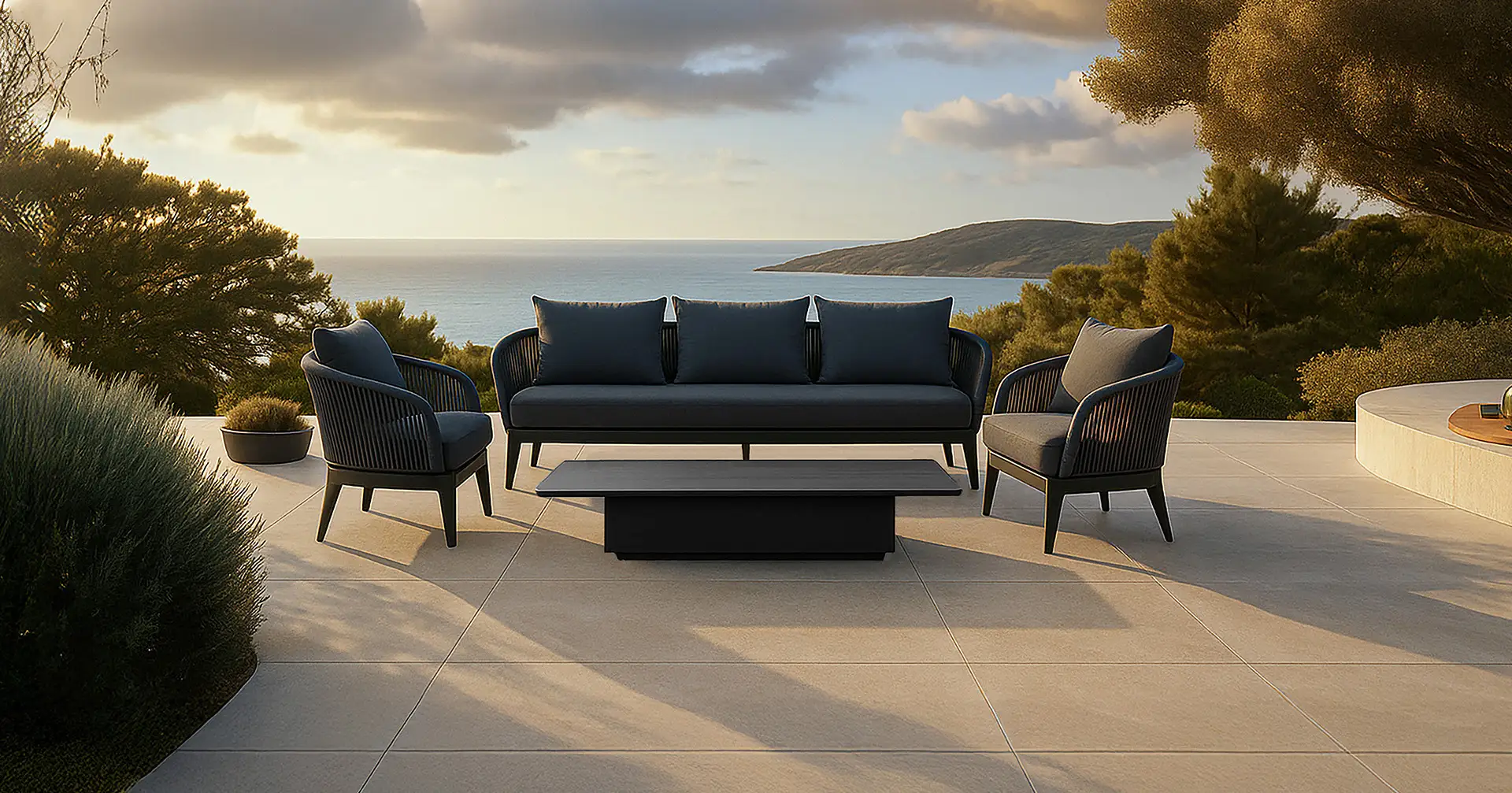 Poolside outdoor furniture installation — luxury Dubai villa
