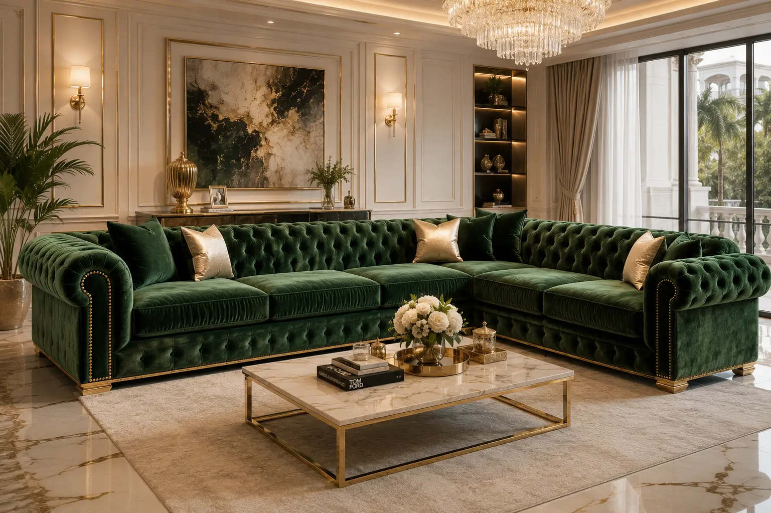 Luxury L-shape sofa Dubai featuring high-end tufted velvet upholstery