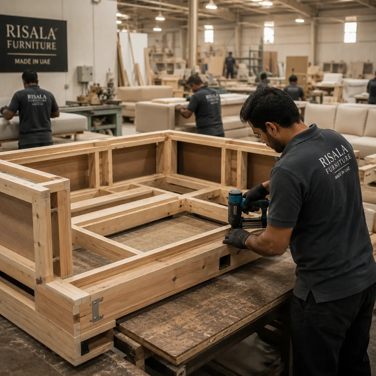 Artisan assembling custom wood frame structure for luxury sectional sofa