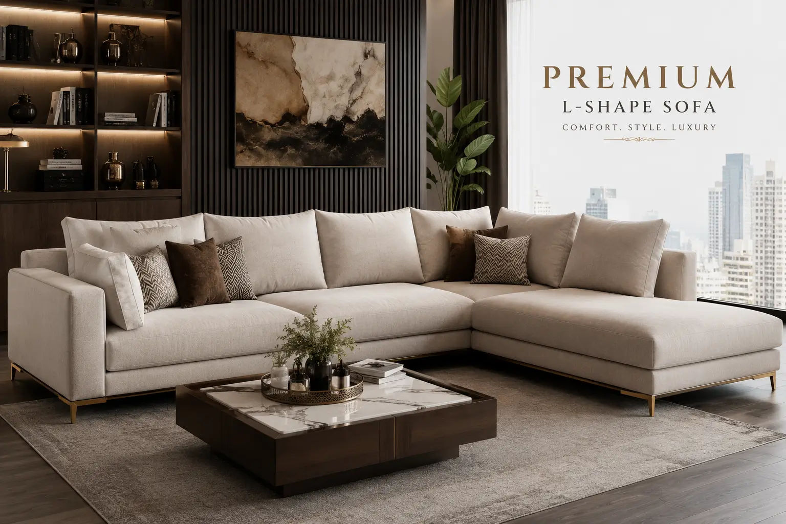 Custom L-shape sectional sofa installed in a luxury Dubai living room by Risala Furniture