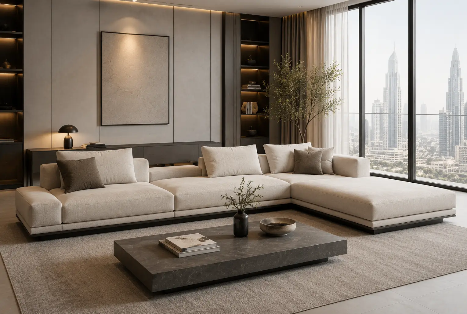 Modern L-shape sofa Dubai with low-profile structure and textured premium fabric