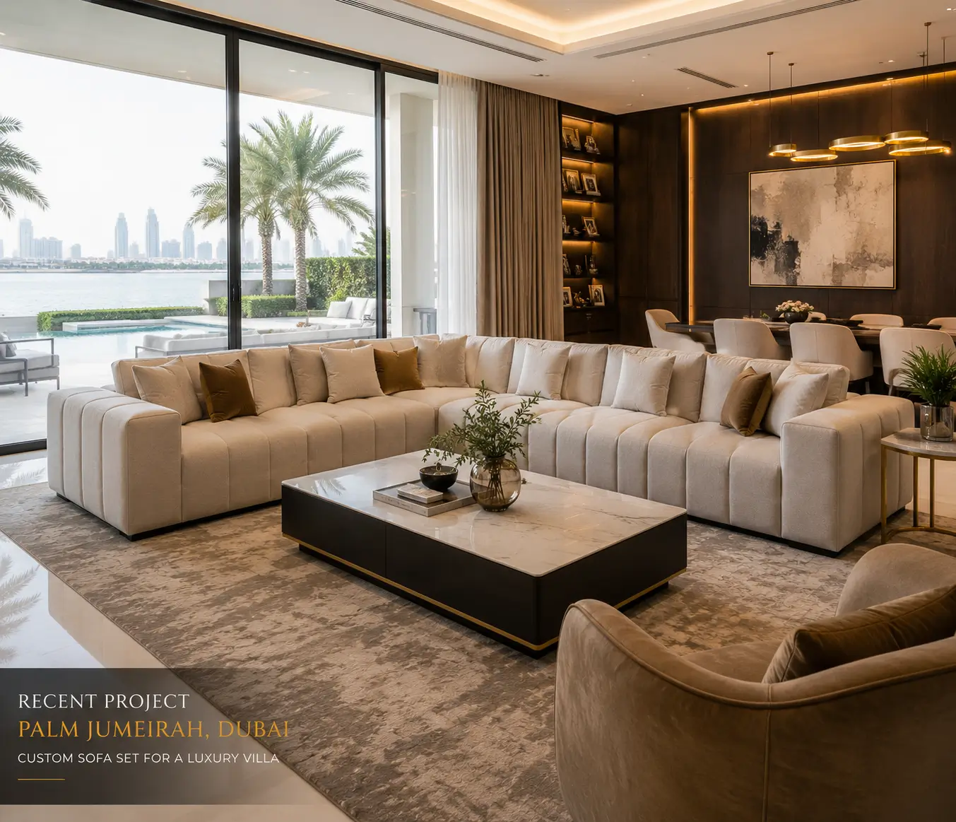 Grand custom L-shape velvet sofa installed in a luxury villa lounge in Dubai