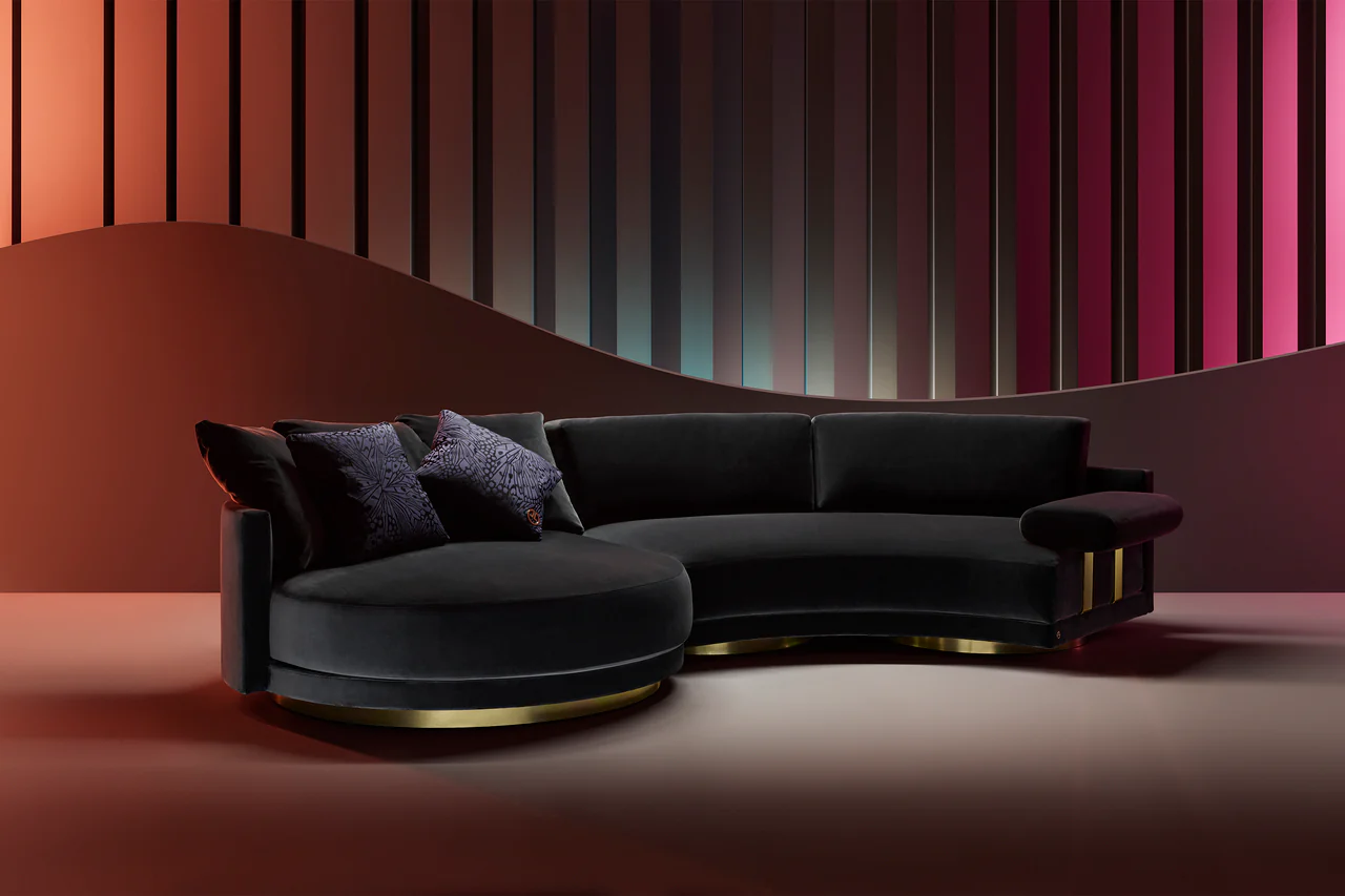 Luxury furniture detail showing precision joinery, premium upholstery and gold hardware finish