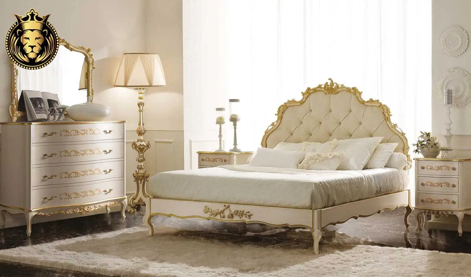 Luxury bed Dubai with upholstered headboard and solid wood frame for villa master bedrooms