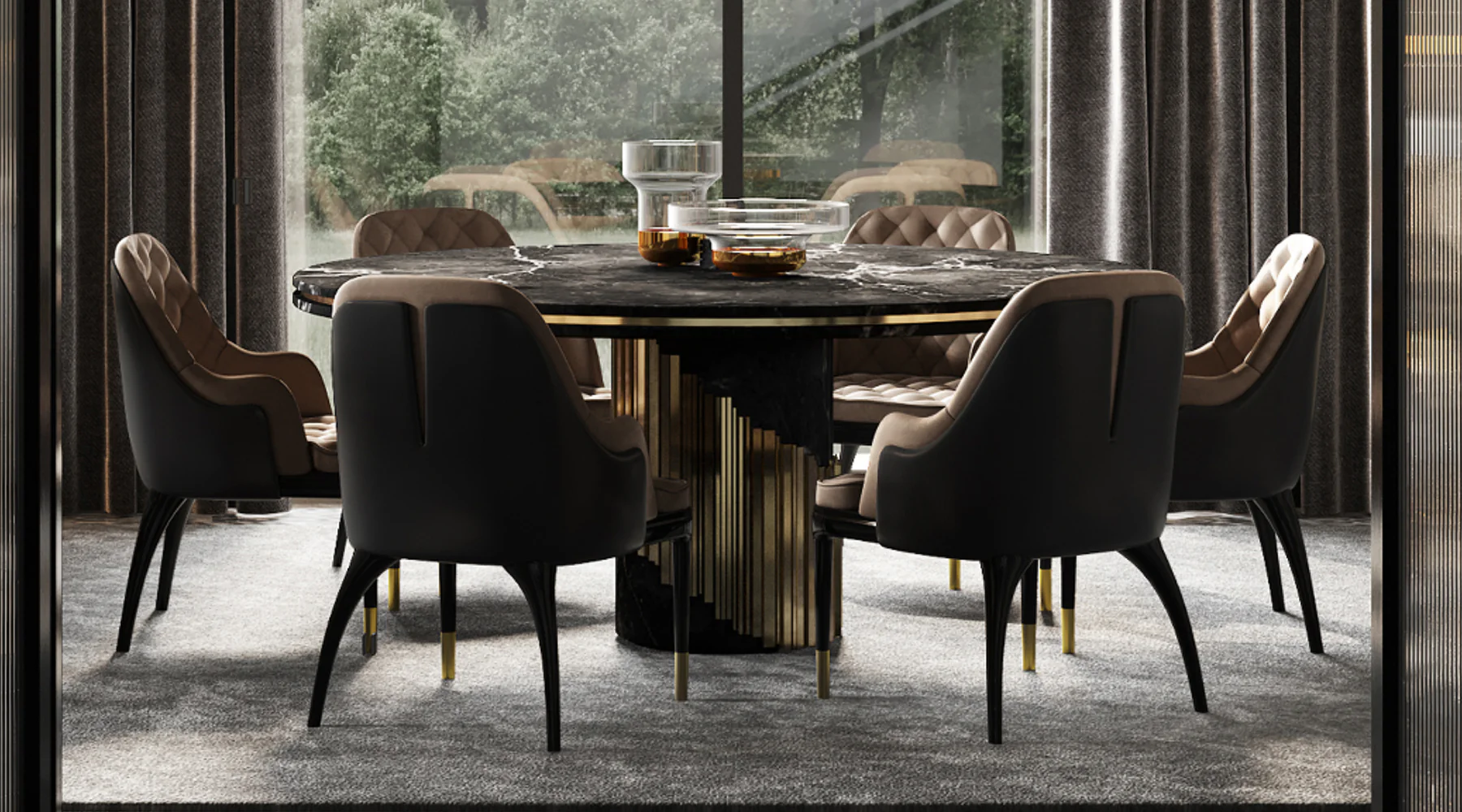 Luxury dining set Dubai with solid wood table and upholstered chairs for villa dining rooms