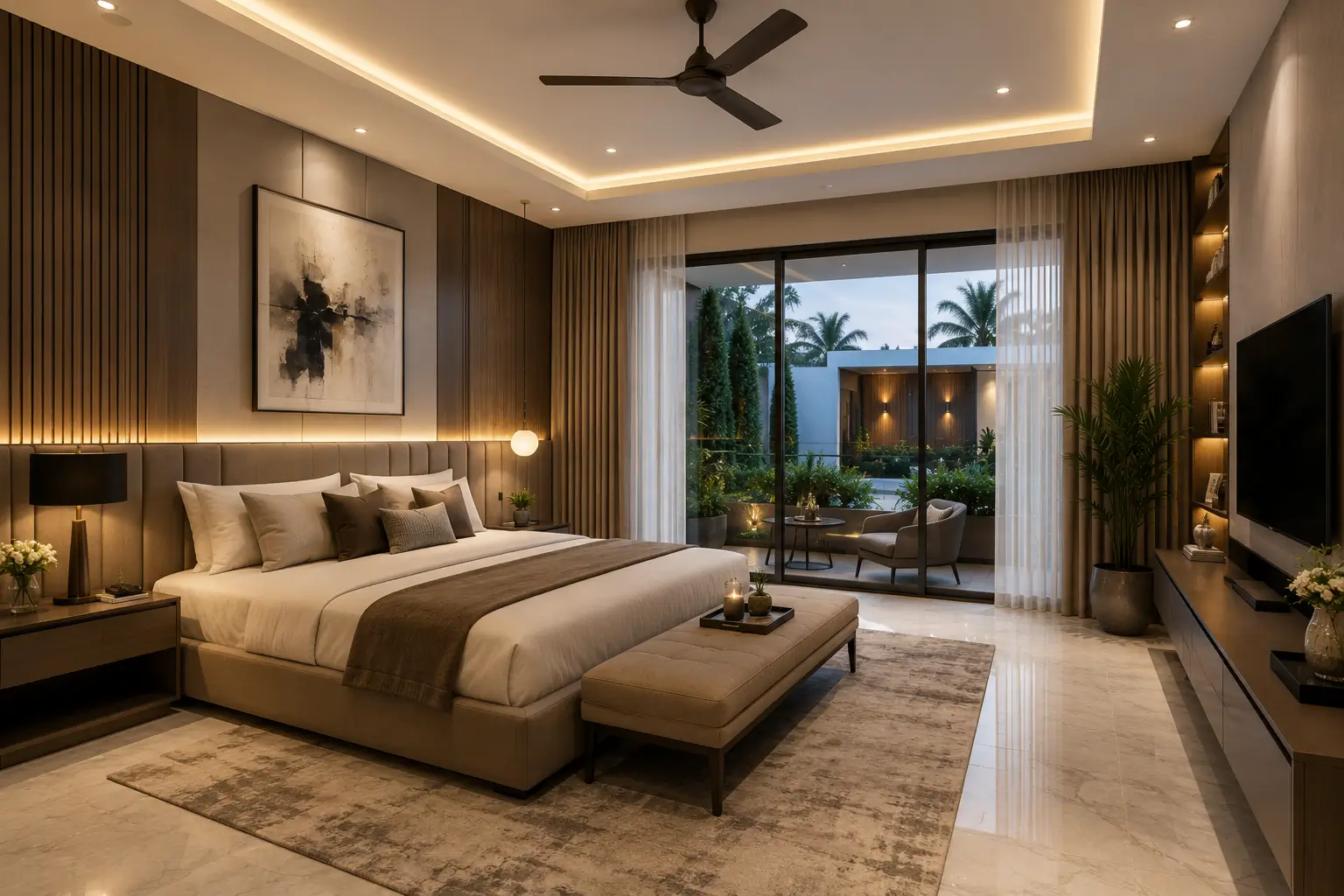 Villa bedroom furniture Dubai with upholstered bed and fitted wardrobe for master bedroom
