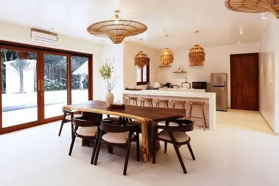 Villa dining furniture Dubai with solid wood table and upholstered chairs for formal dining room