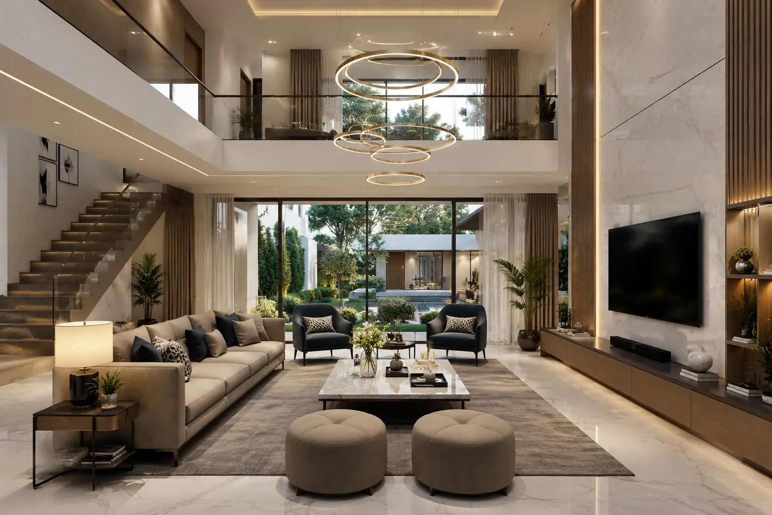Villa living room furniture Dubai with custom sofa and entertainment unit for luxury villa