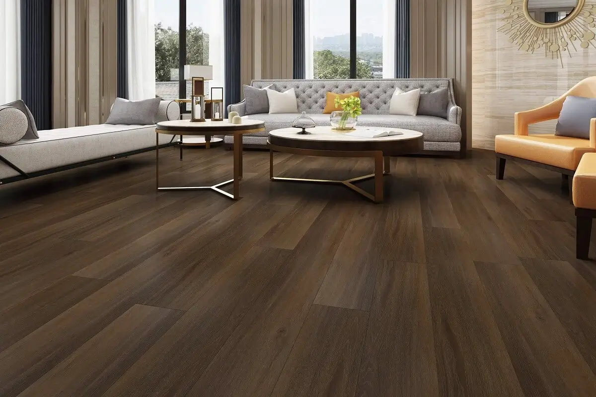 Close-up of SPC flooring plank showing rigid core finish