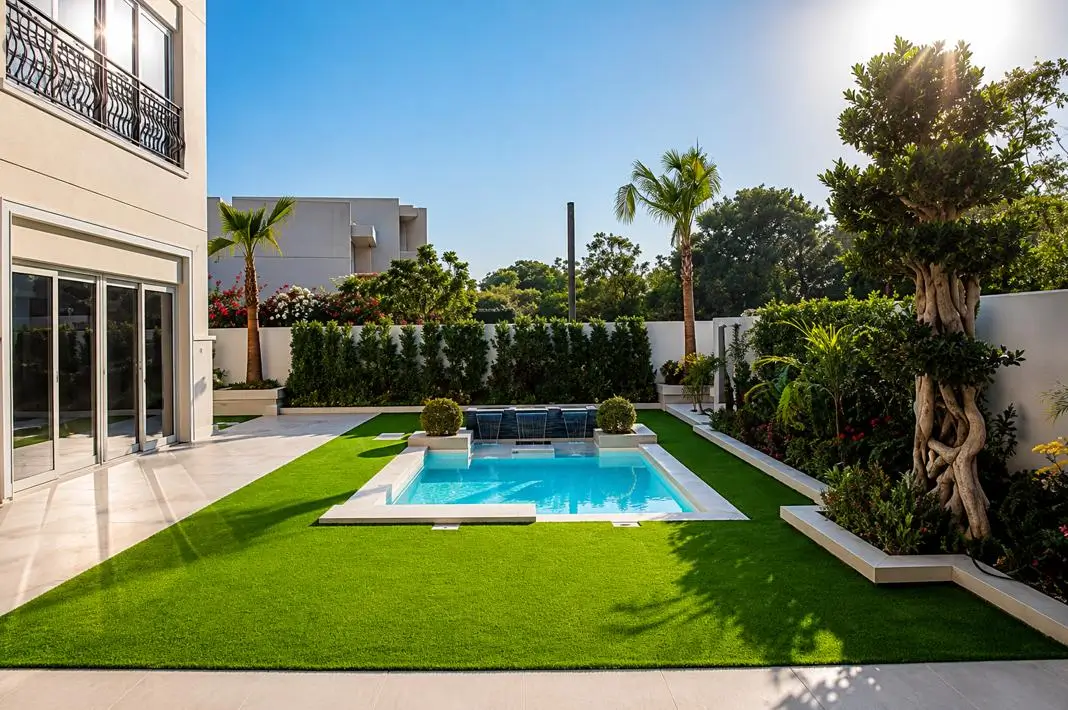Close-up of durable artificial grass dubai blades and backing