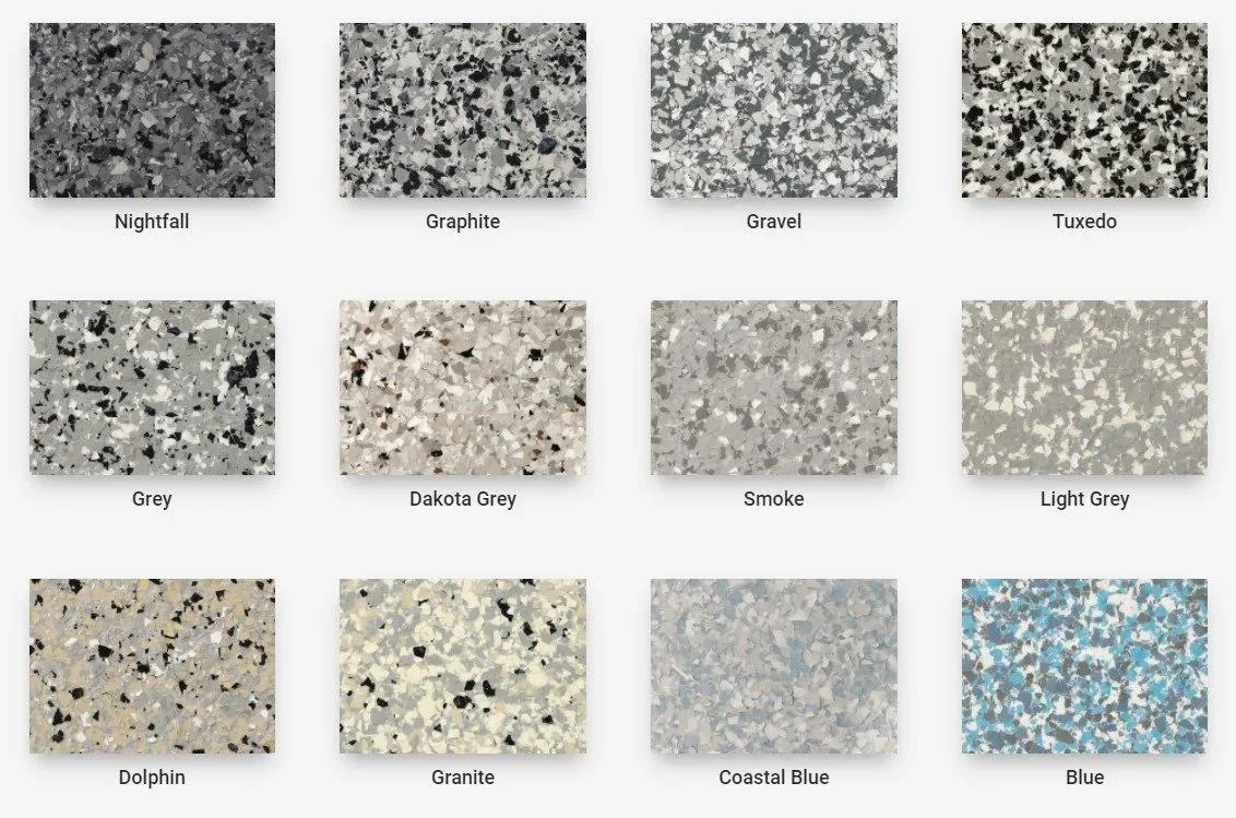 Epoxy flooring flake and quartz finish samples