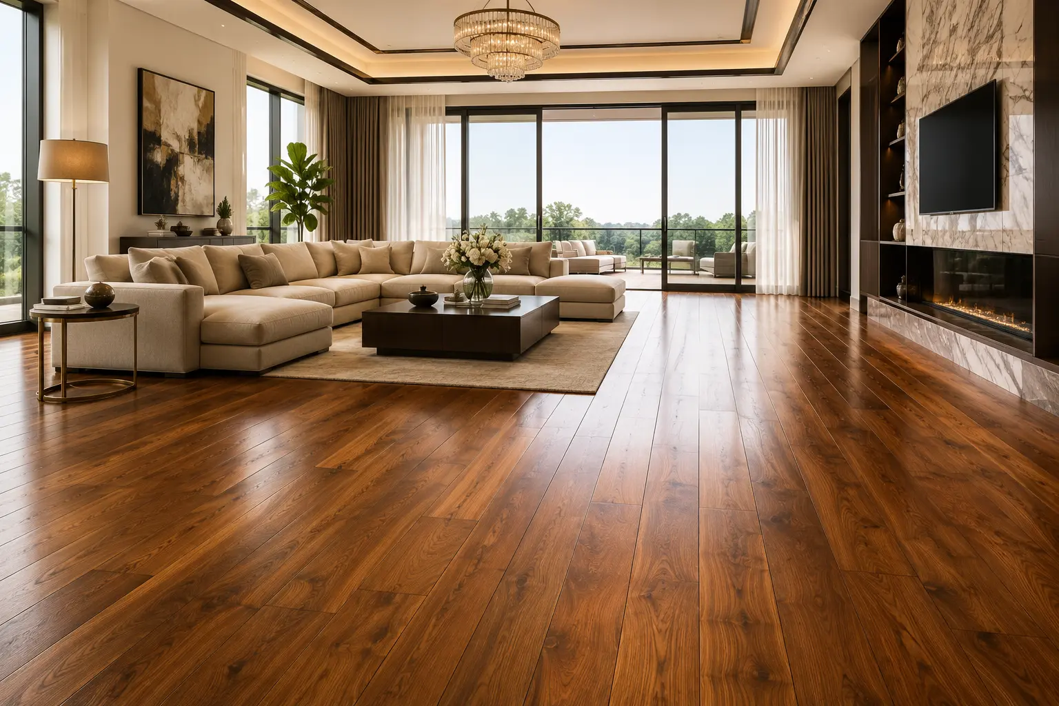 Luxury hardwood flooring installed in a Dubai villa