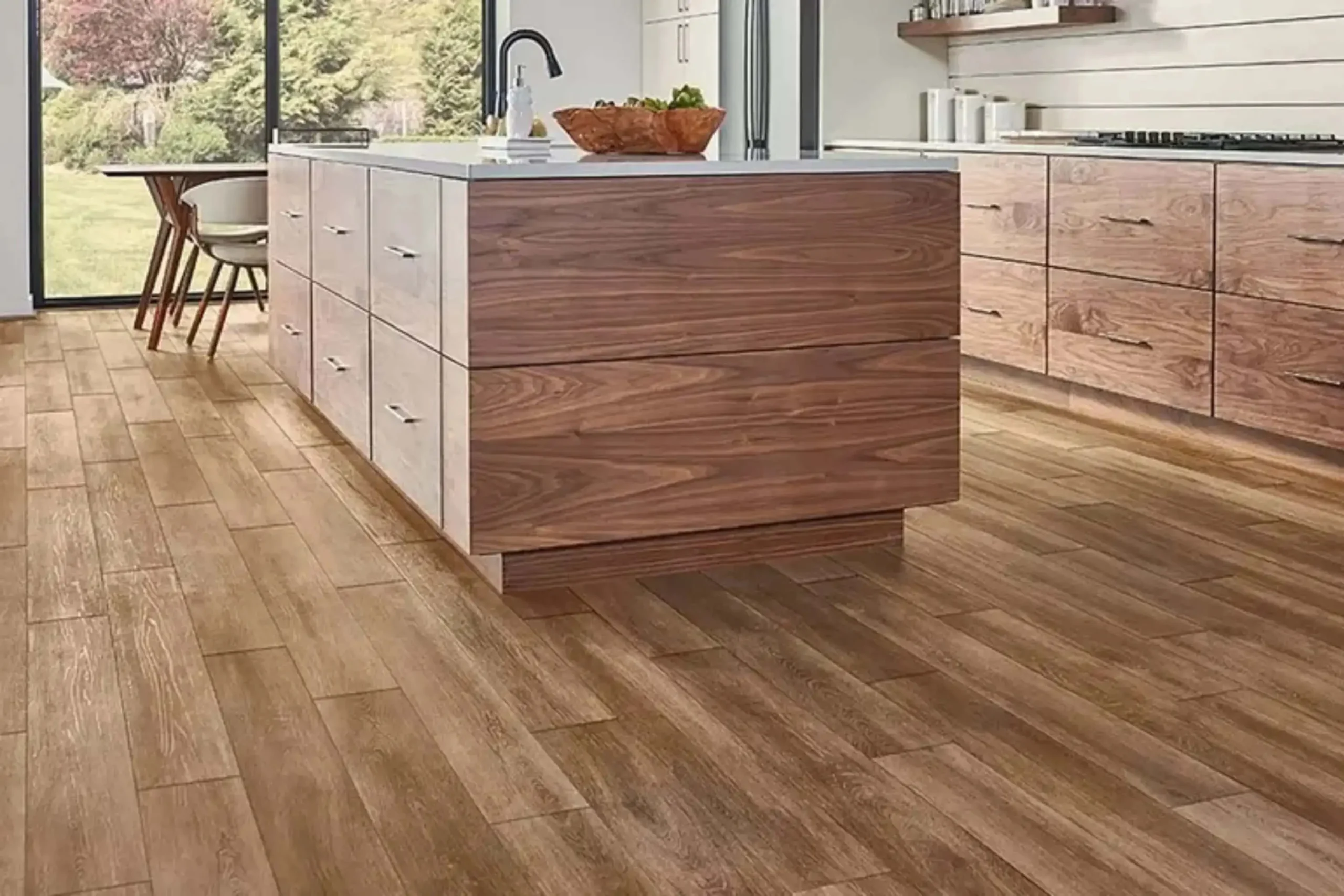 Close-up of a vinyl flooring plank showing realistic wood-look finish