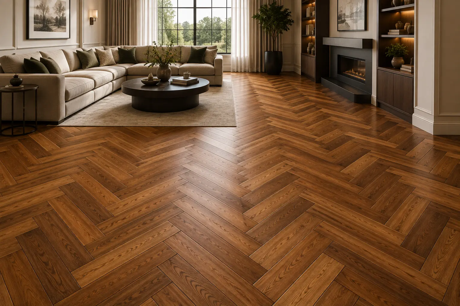Luxury Herringbone and Parquet hardwood flooring pattern in Dubai villa