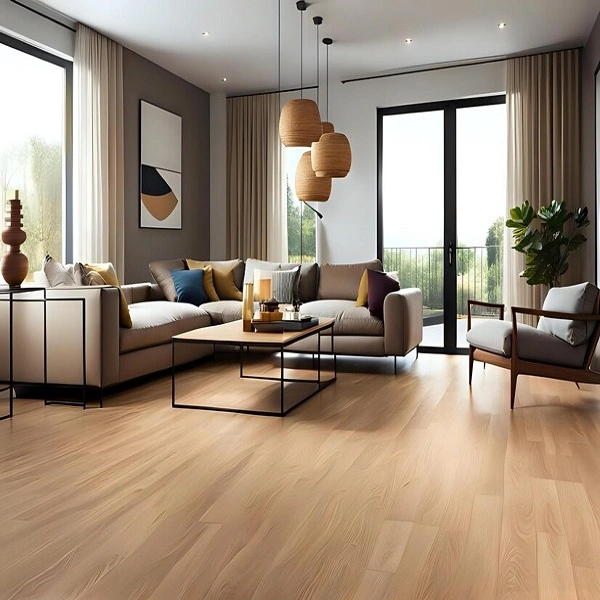 Laminate flooring installed in a bright minimalist living room