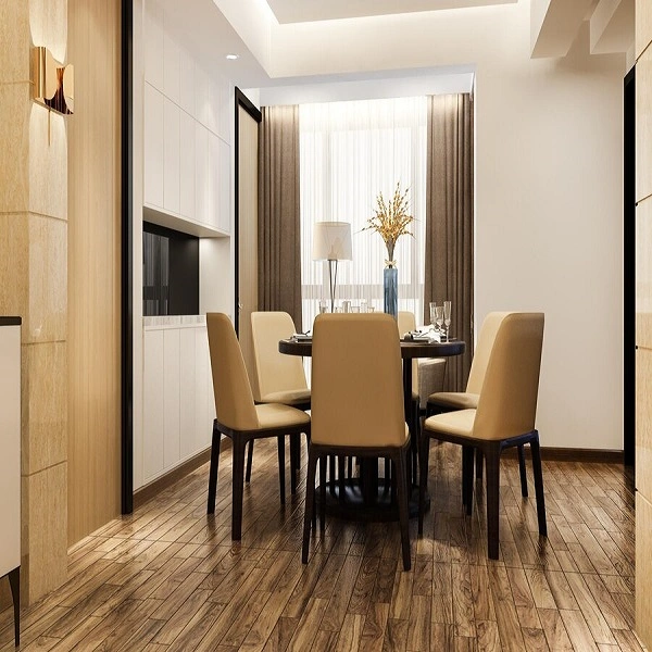 High-gloss laminate flooring in a luxury living room