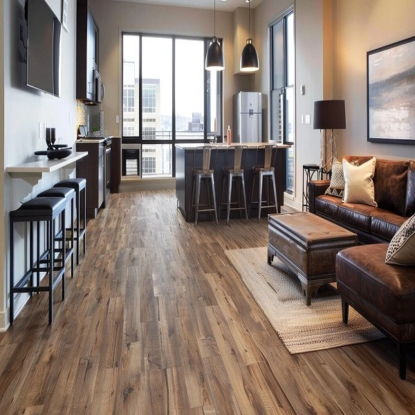 Premium laminate flooring installed in a bright Dubai living room by Risala Furniture