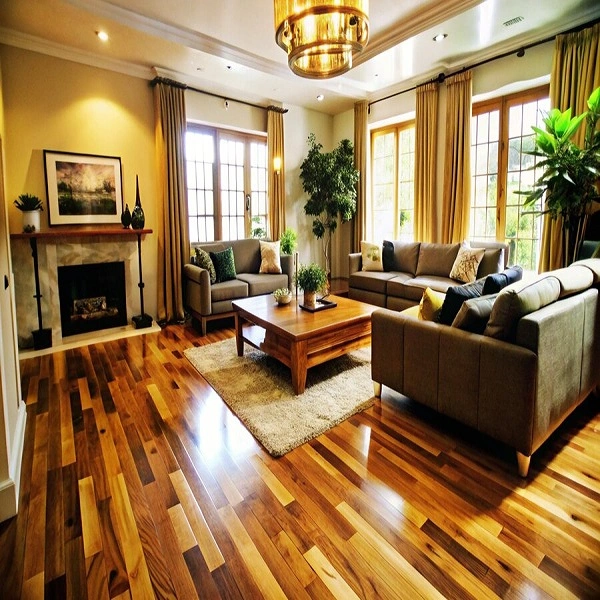 Textured rustic laminate flooring in a farmhouse-style living room