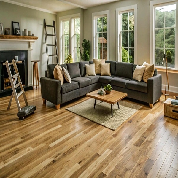 Classic wood-look laminate flooring in a warm neutral living room