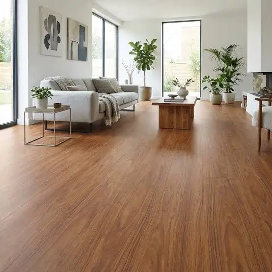 Close-up of solid teak wood flooring showing natural grain finish