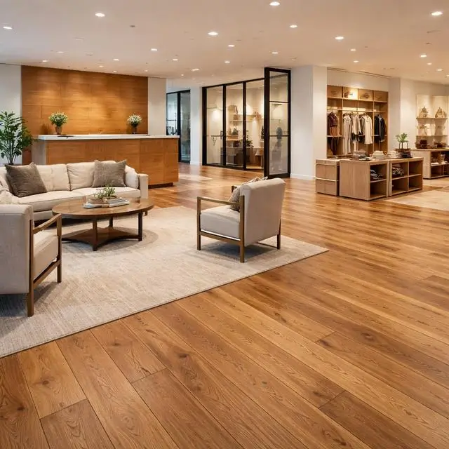 Spacious villa living room with hardwood floor fitting