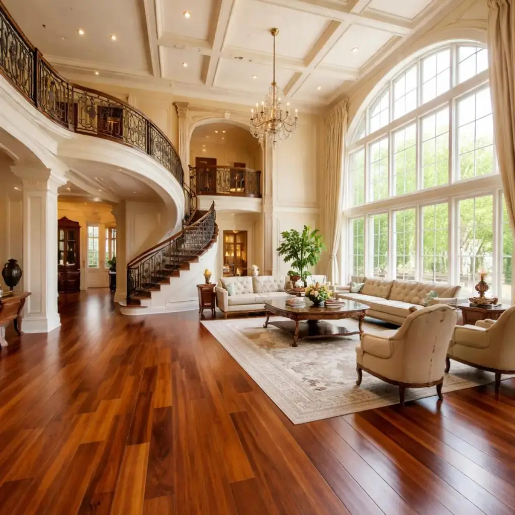 Luxury villa interior with solid wood flooring layout in Dubai
