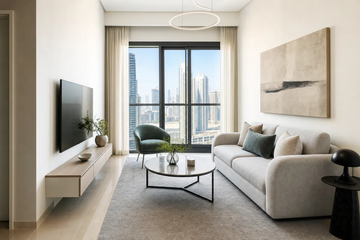 Compact Dubai apartment living room with a large soft grey area rug over polished tile
