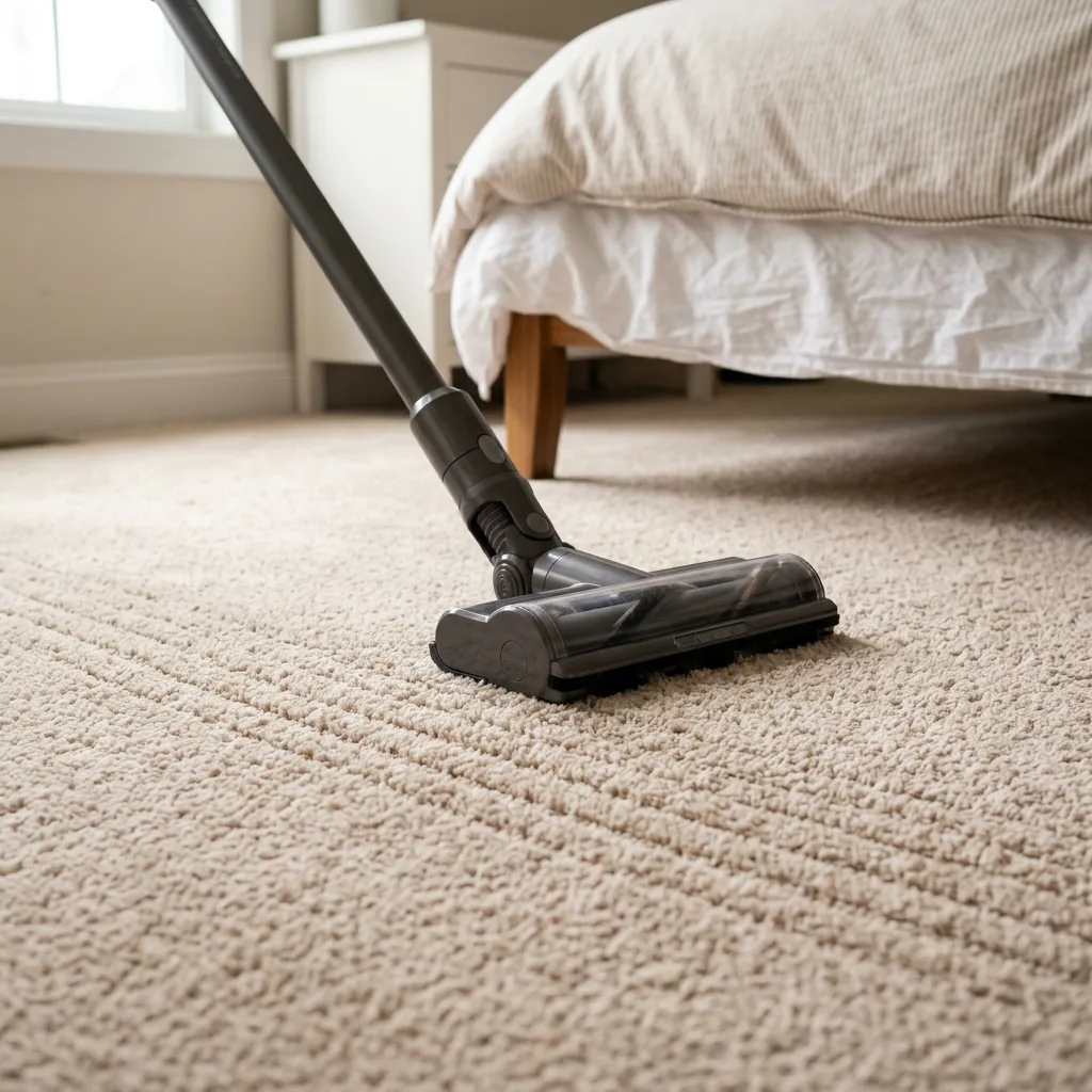 Freshly vacuumed bedroom carpet with clean brushed pile