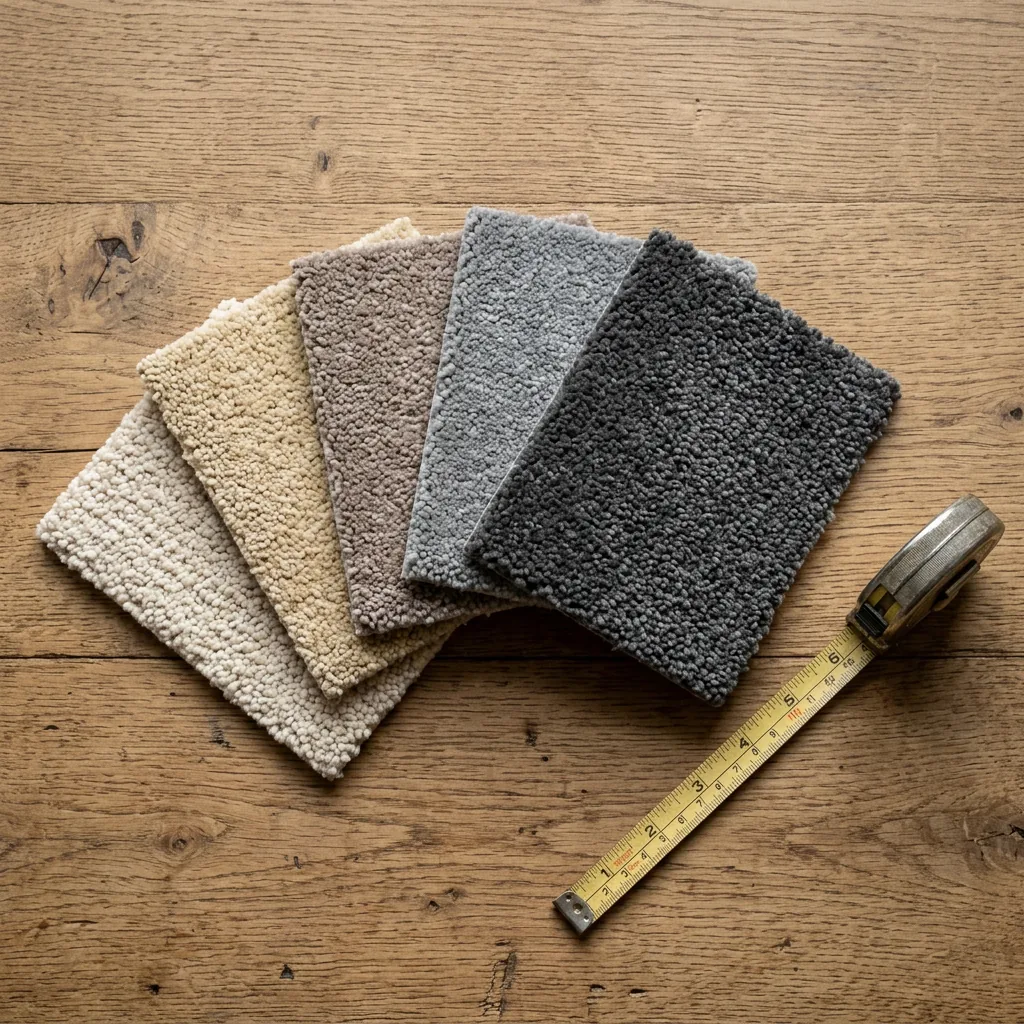 Bedroom carpet colour samples in beige, taupe, grey and charcoal