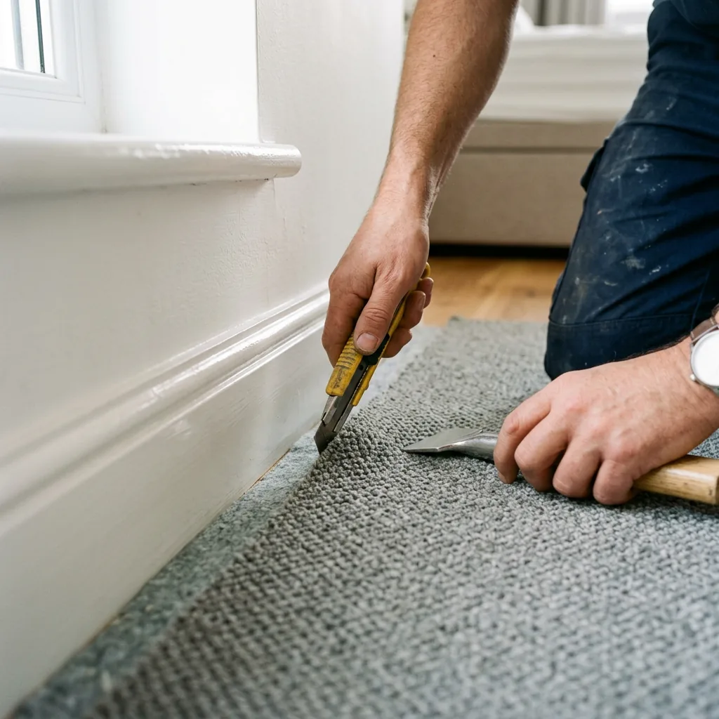 Bedroom carpet trimmed neatly along the skirting board during fitting