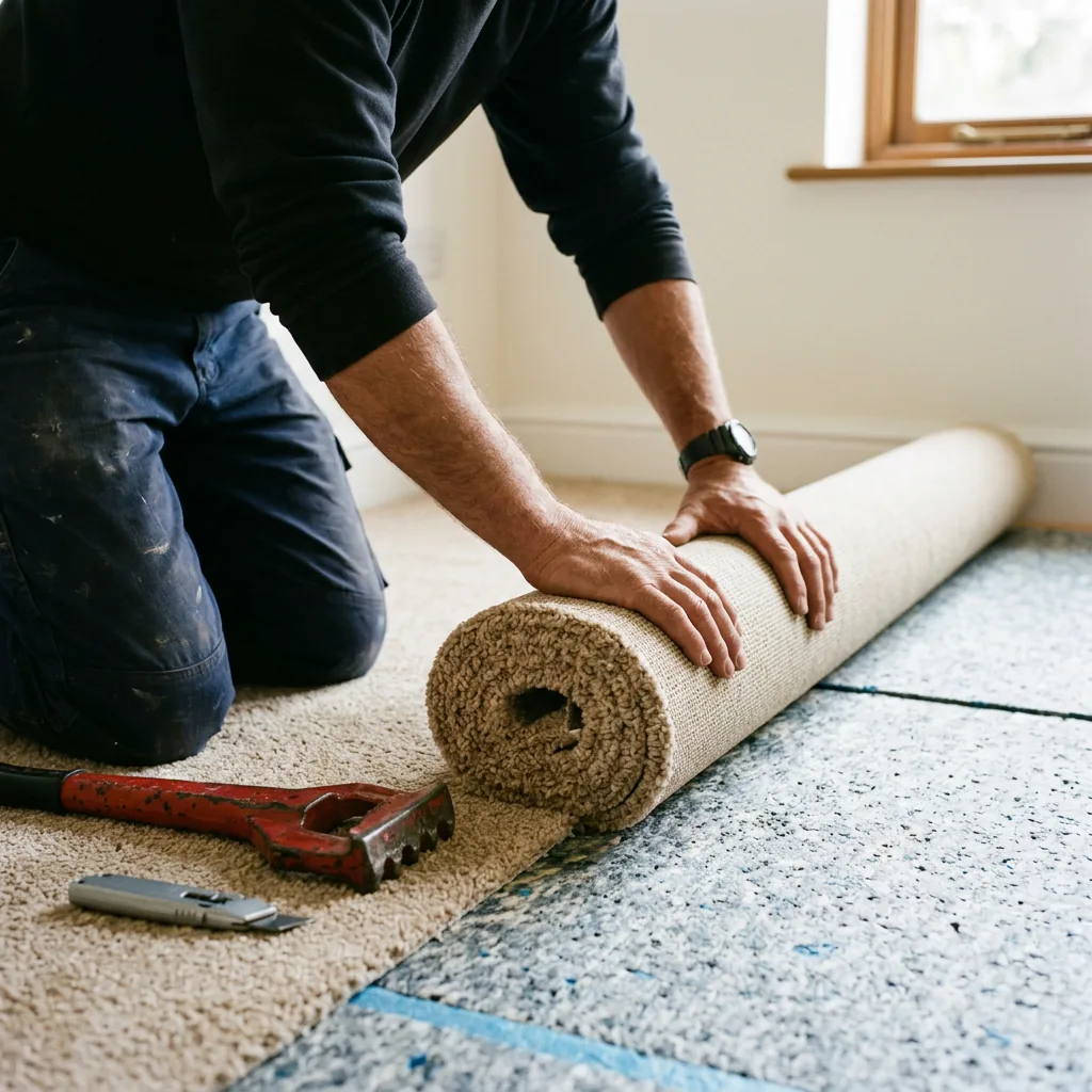Bedroom carpet being rolled out over underlay during installation in Dubai