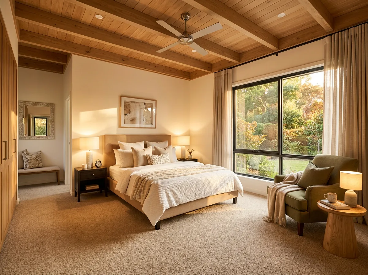Warm beige bedroom carpet in a villa bedroom with wooden ceiling