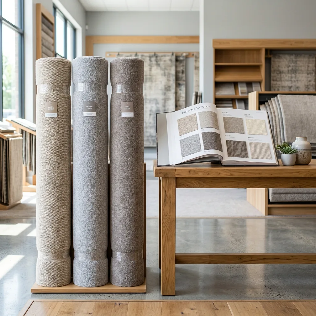 Bedroom carpet rolls in beige, grey and taupe ready for delivery