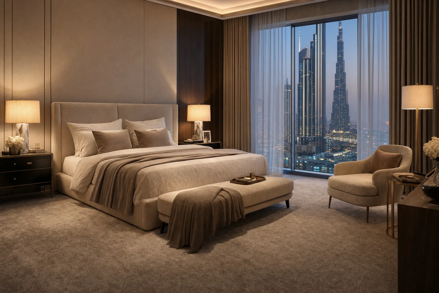 Bedroom carpets Dubai installed wall to wall in a luxury master bedroom