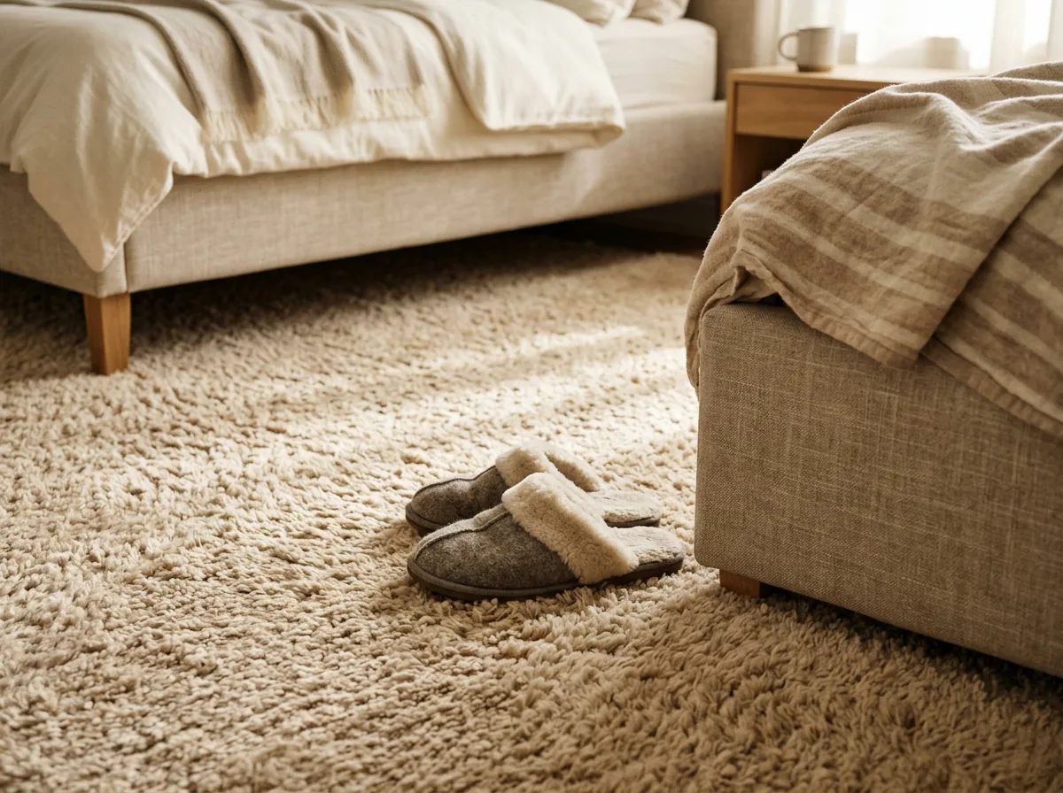 Close up of soft plush bedroom carpet pile in warm beige
