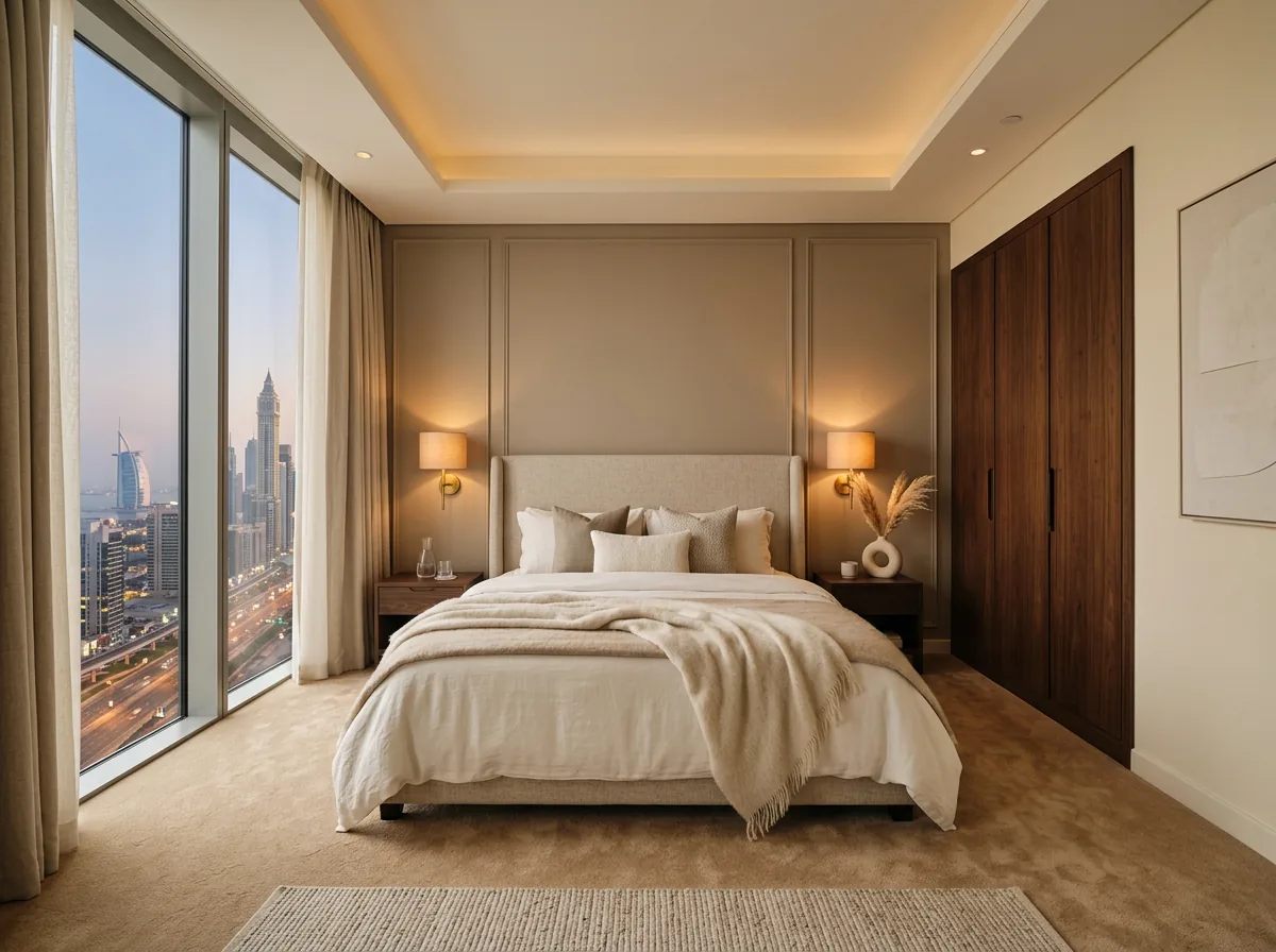 Wall to wall bedroom carpet in sand tone fitted in a Dubai apartment bedroom
