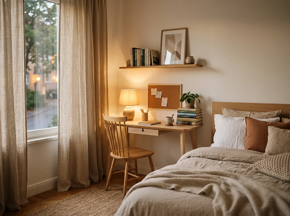Bedroom study corner with a slim wooden study table beside the bed in Dubai