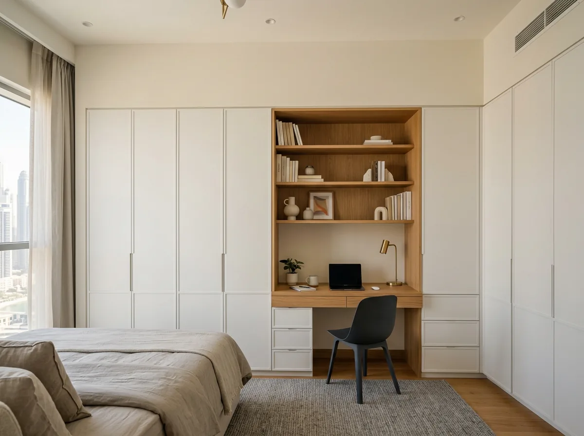 Built in wardrobe with integrated study table unit in a Dubai apartment bedroom