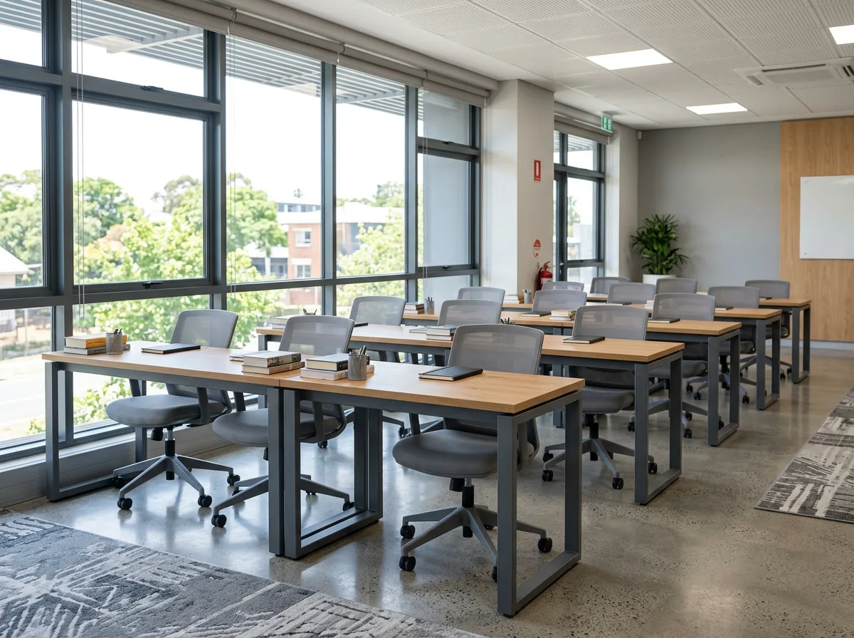 Row of matching study tables supplied in bulk for a UAE training room