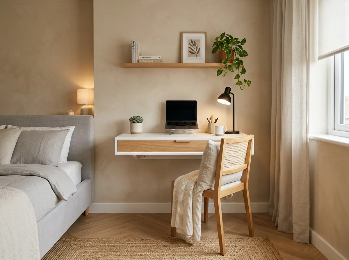Compact wall mounted study table for a small bedroom in a Dubai apartment