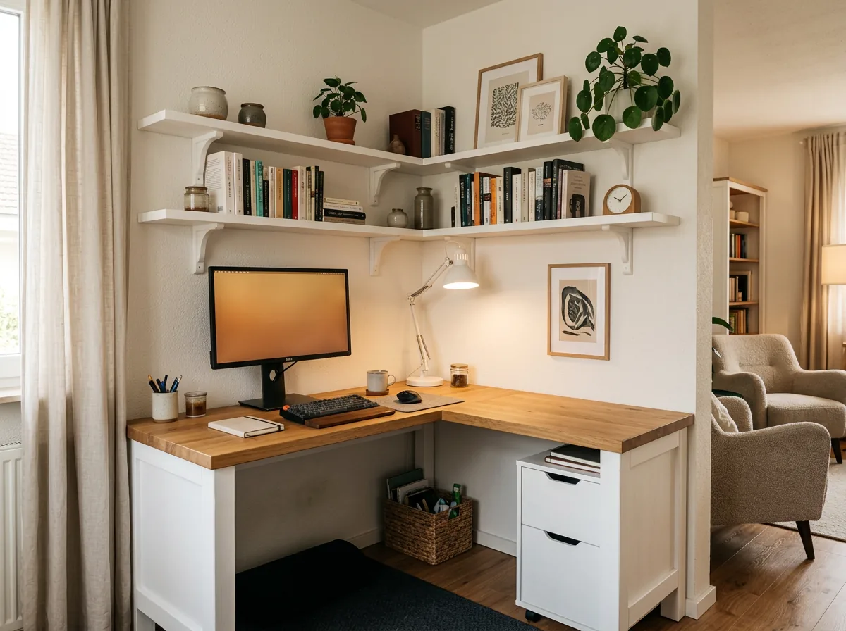 L shaped corner study table in Dubai fitted into a room corner with shelves